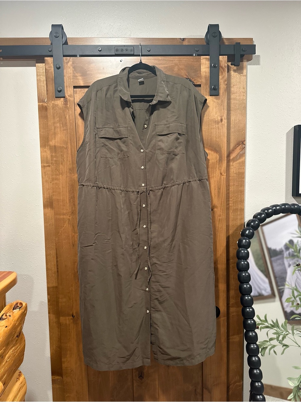 Sleeveless Button-Front Shirt Dress in Olive